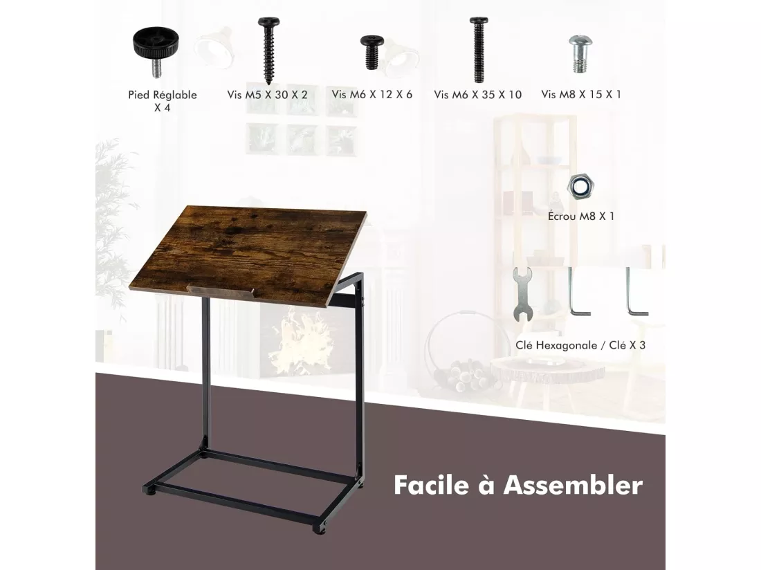 Table d’appoint en forme de c, plateau réglable à 5 positions, brun