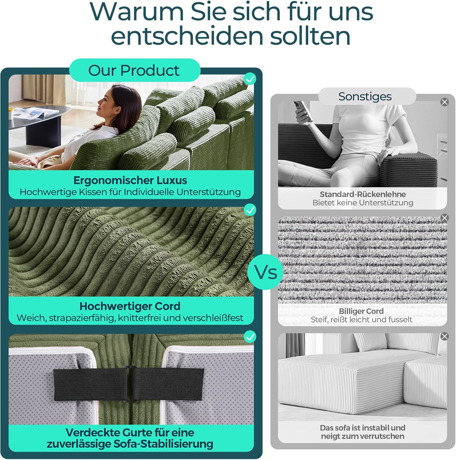 LINSY HOME Ecksofa mit Schlaffunktion - Bodensofa Bed mit Pillow Back Support Armrest - Schlafsofa Klappbar - Compressed Sofa in Box - Cord Stoff für Wohnzimmer Schlafzimmer (Grün)