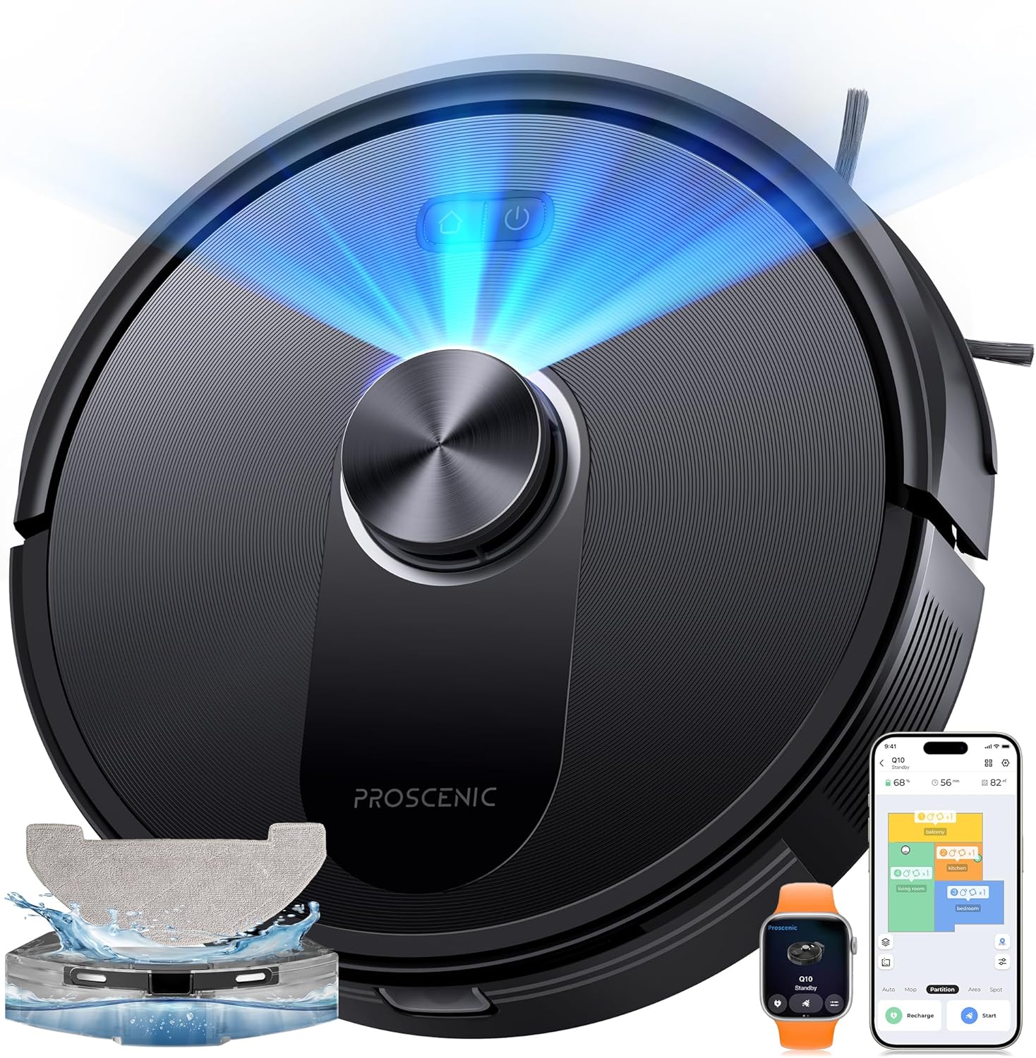 Proscenic Q10 Saugroboter mit Wischfunktion, 8000Pa 200min Staubsauger Roboter, Intelligentes Laser Navigation mit 5 Karten, Steuerung über APP Alexa Siri AppleWatch Fernbedienung für Böden Teppiche