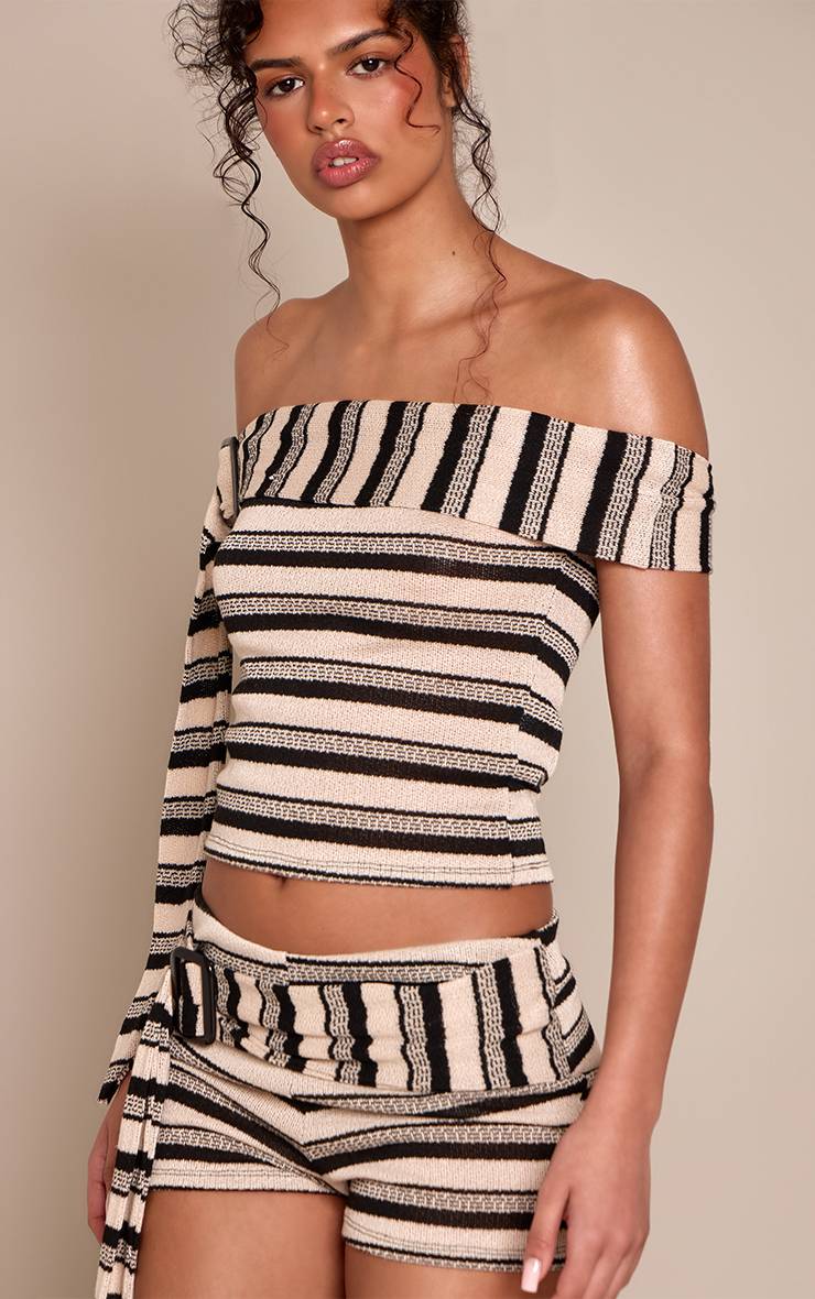 Noir Ensemble Short Taille Haute Coordonné À Détail Bandes Texturées