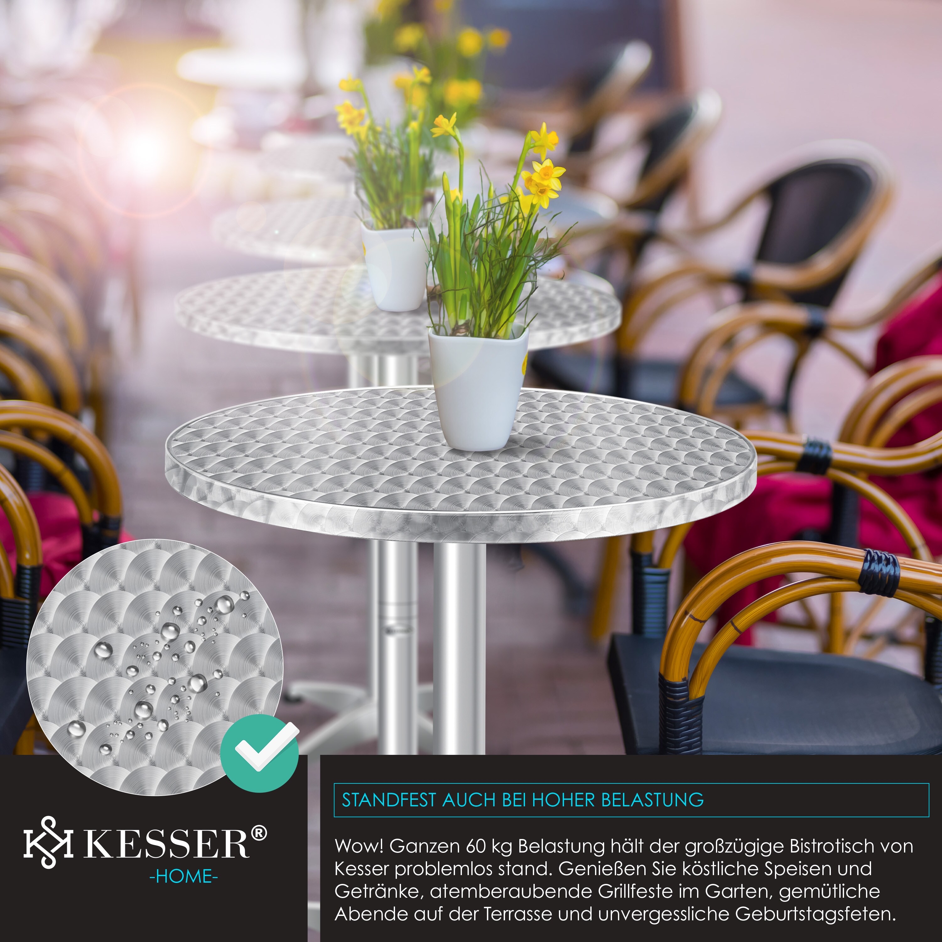 KESSER® 2in1 Stehtisch klappbar Bistrotisch Aluminium Edelstahlplatte | höhenverstellbar | 70cm / 115cm | Partytisch Tisch | In- & Outdoor | Hochzeit | Empfangstisch | Klapptisch inklusive Regencover