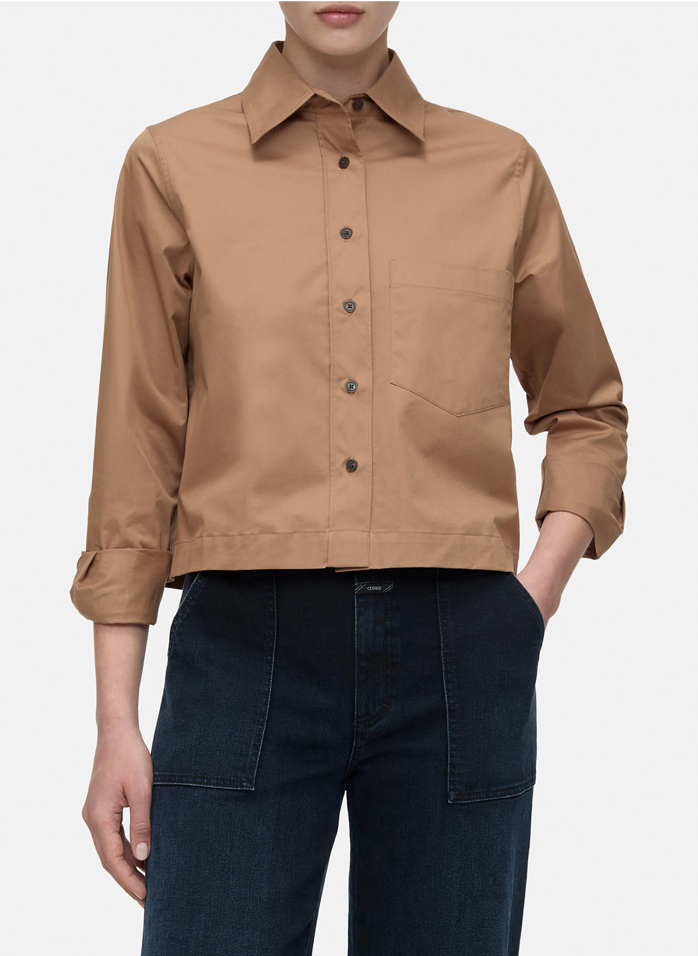 Chemise courte col classique en popeline de coton | Marron