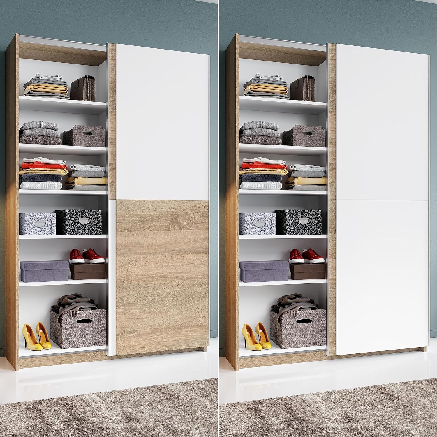 Stella Trading ALADIN Schwebetürenschrank, Eiche Sonoma Optik / Weiß - Moderner Mehrzweckschrank Garderobenschrank mit viel Stauraum - 125 x 195 x 38 cm (B/H/T)