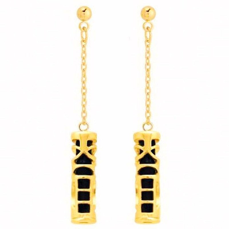 Boucles d'oreilles pendantes tiki polynésien noir symbole tendresse en plaqué or 6,5cm