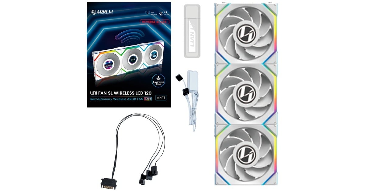 Lian LiUNI FAN SL120 LCD Wireless Reverse Blade RGB case fans  (Wit, 3 stuks, 120 x 124.5 x 28 mm, PWM)