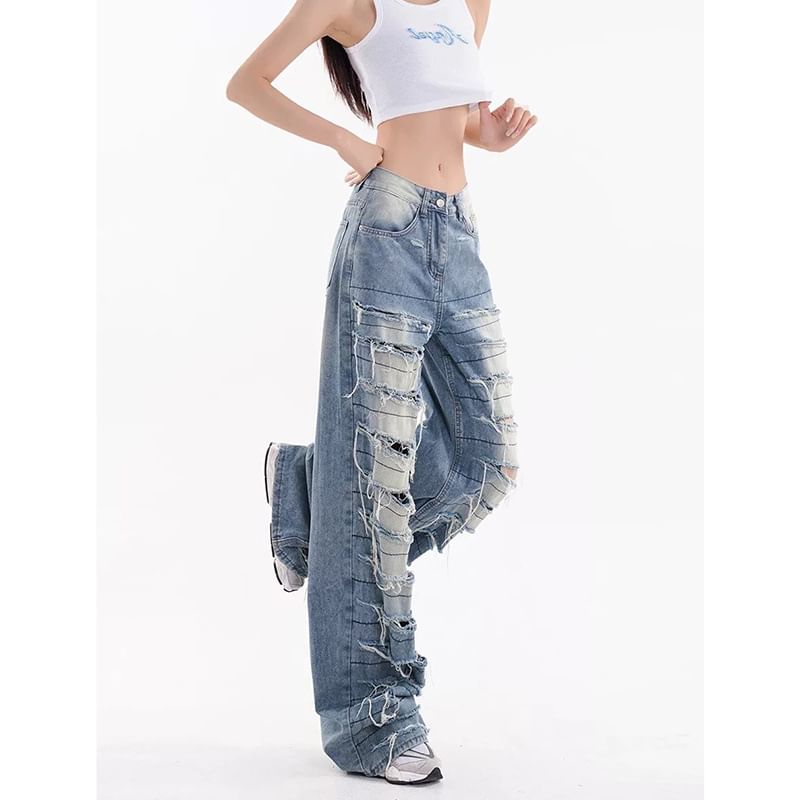 Vhancy - High Rise Washed Distressed Wide Leg Jeans
