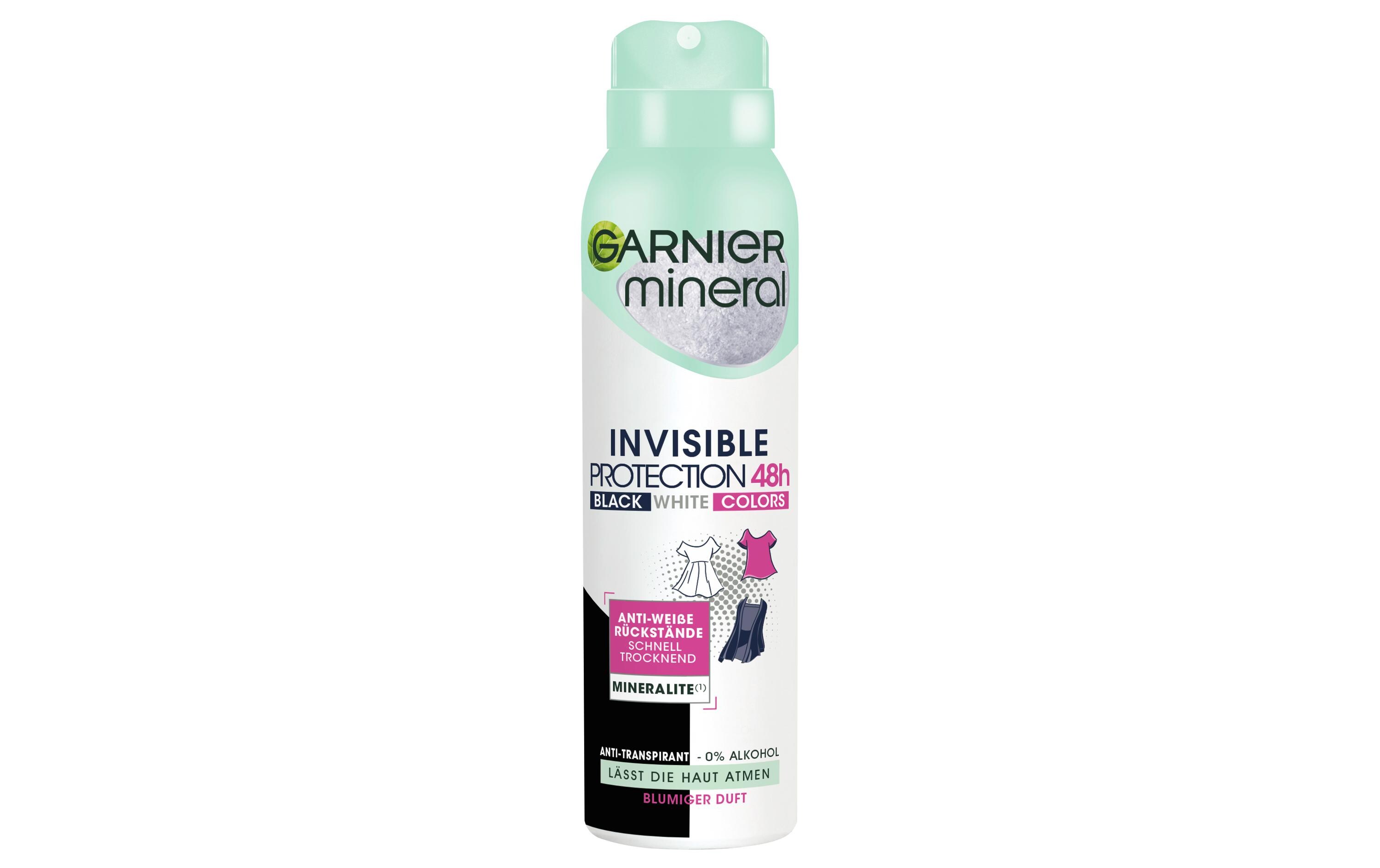 Deo Spray Mineral Invisible Protection 48 h 150 mlAnti-Transpirant mit Textil-Schutz für schwarze, weisse und bunte Wäsche