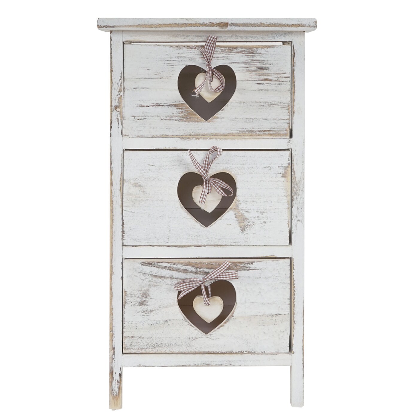 Kommode Sues, Schubladenkommode Schrank, 3 Schubladen mit Herzen 55x29x25cm, Shabby-Look, Vintage
