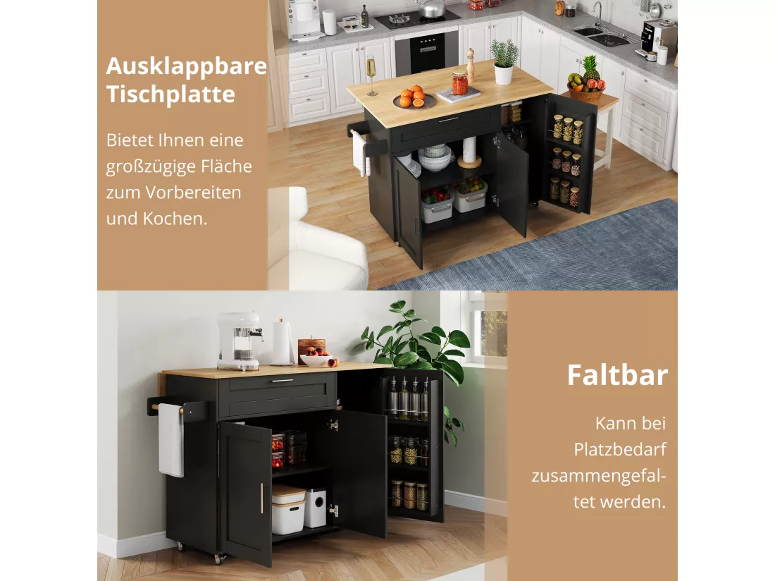 Ilot central de cuisine mobile avec 3 portes et 1 tiroir - Plateau extensible - 132.5x44(70)x90 cm - Bois MDF - Noir et naturel