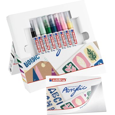 Edding Nordic - Pack de 8 marqueurs acryliques - noir, jaune pastel, rouge, vert mousse, blanc, mauve, menthe, bleu nuit