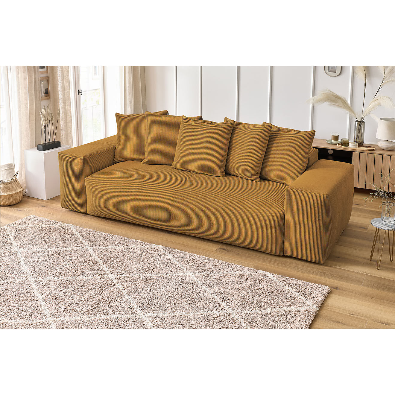 Bobochic Canapé droit fixe 3 places ultra moelleux voltaire velours côtelé jaune - 280x124x75 cm