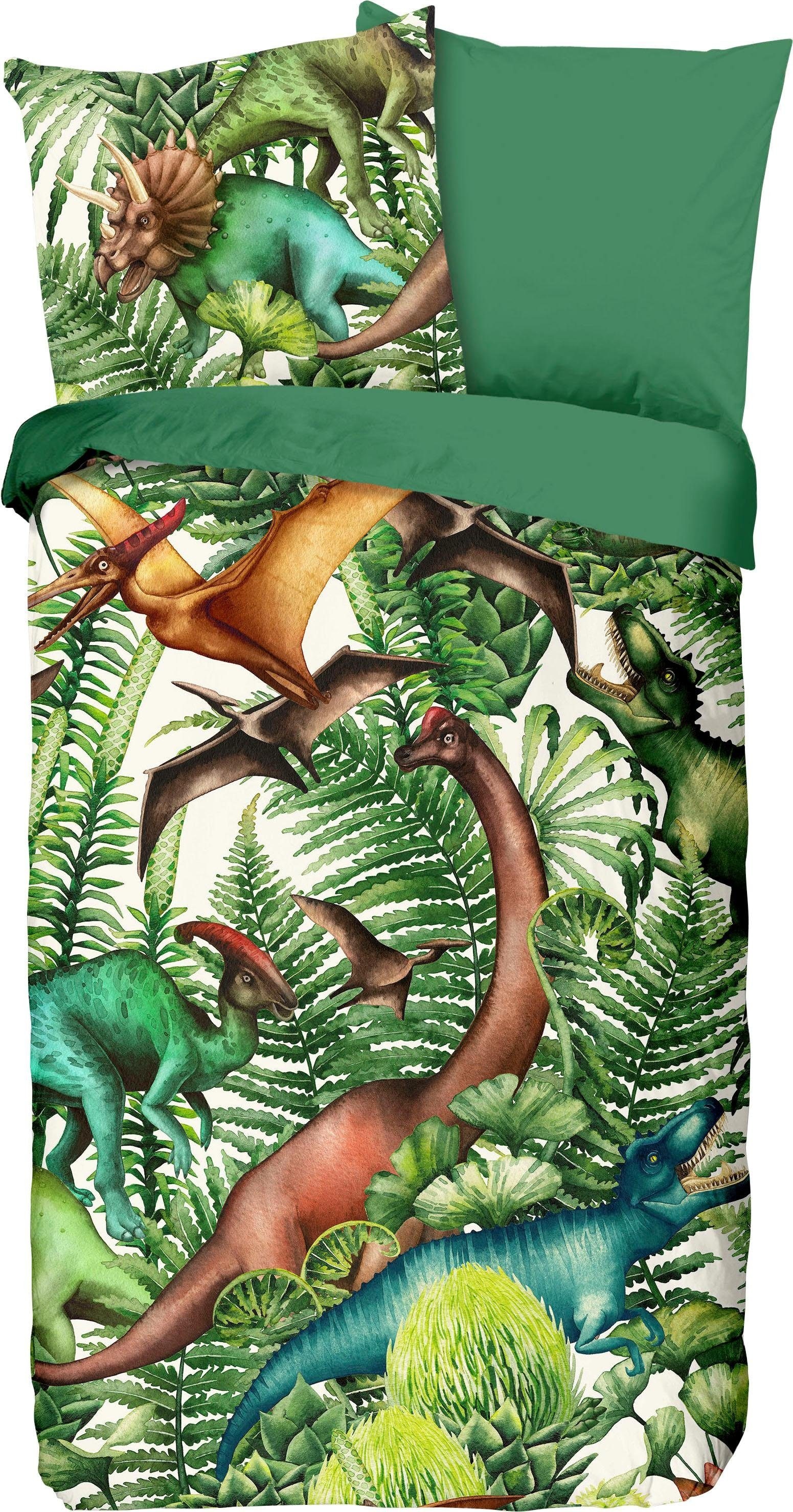 good morning Kinderbettwäsche »Prehistoric« 2 Stk. tlg. Baumwolle, 135x200, Reissverschluss, Wendeoptik, Kind, Junge, Dino Grün