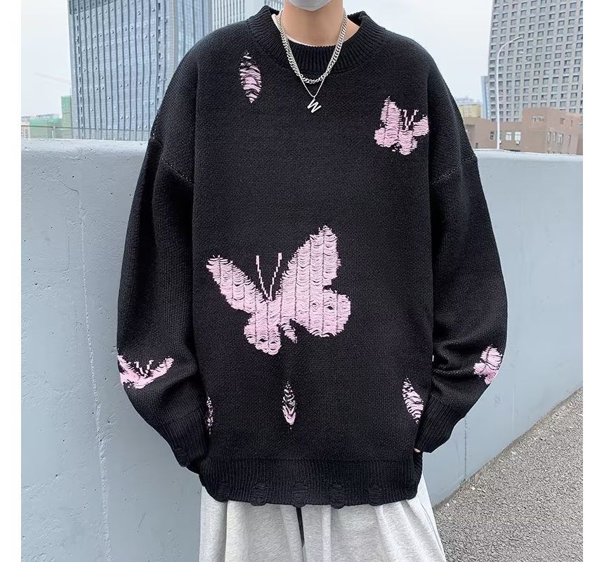 Shineon Studio - Oversized trui met ronde hals en vlinderprint