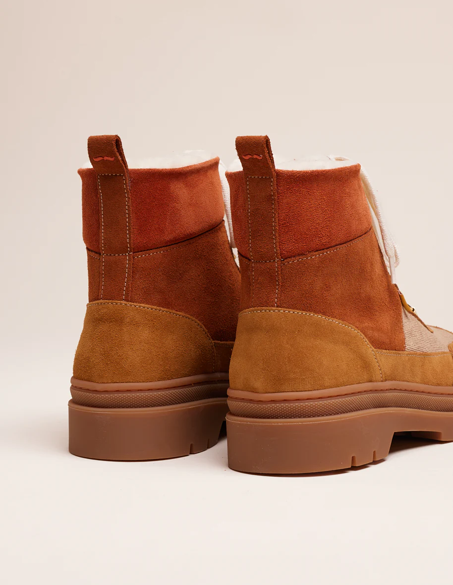 Bottines à lacets Joelle - Suède fourré et velours camel ambre