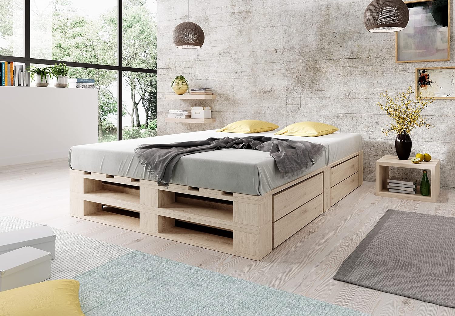 sunnypillow Palettenbett M2 aus Holz 160 x 200 cm mit Lattenrost und 2 Bettkästen. Doppelbett, Familienbett - erhöhtes Ehebett Bettgestell Futonbett Komforthöhe Naturholz Massivholzbett