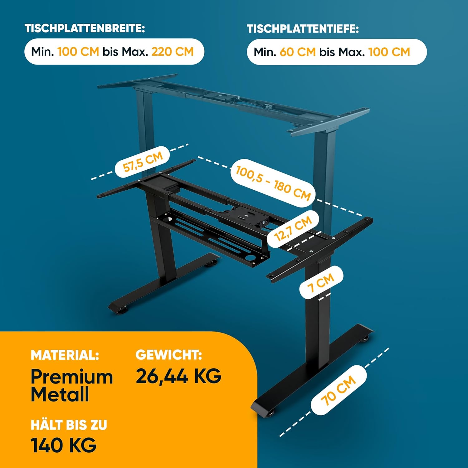 Bellini Höhenverstellbarer Schreibtisch Gestell-Tischgestell - Tischbeine elektrisch für alle Tischplatten | Schreibtischgestell sehr stabil mit Kollisions-Sensor-Memory - 60 bis125 cm - TÜV