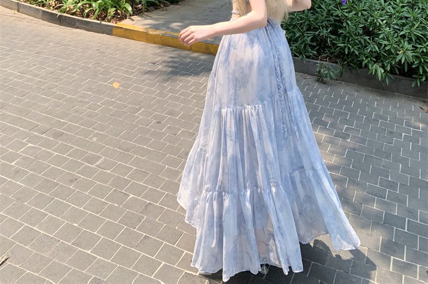 Morning Glory - Spaghettibandjes Tie Dye Halterhals Cutout Maxi A-lijn Jurk