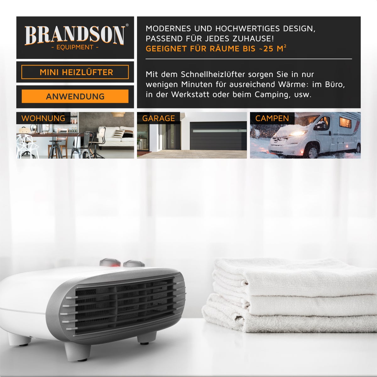 Brandson 2000W ventilatorkachel, regelbare thermostaat, oververhittingsbeveiliging, automatische uitschakeling, 3 vermogensniveaus, wit/zilver