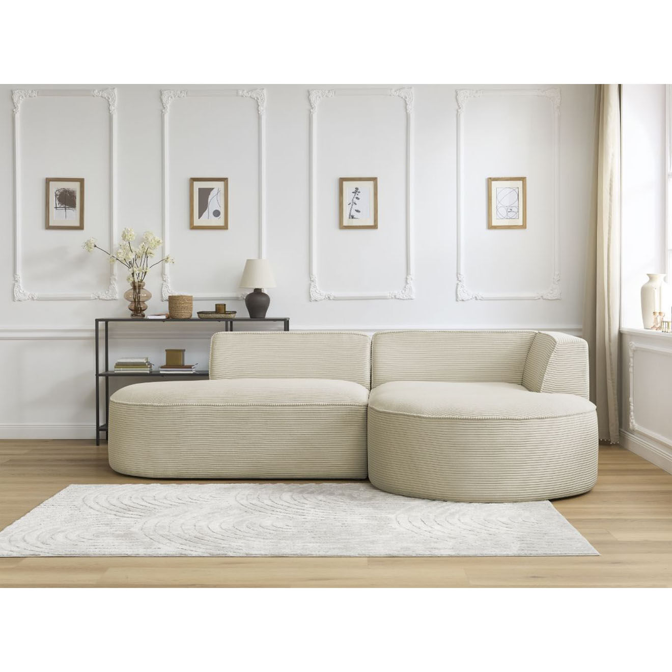 Bobochic Canapé d'angle droit fixe 4 places Rousseau texturé beige - 250x160x72 cm