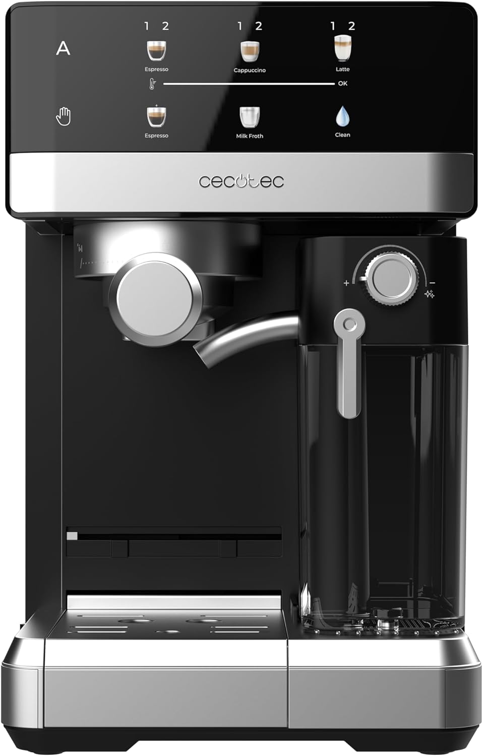 Cecotec Express-Kaffeemaschine, halbautomatisch, mit Power-Espresso-Milchtank, 20 Touch & Cream, 1350 W, Thermoblock-System, 20 Bar Druck, Aufschäumdüse, Tank 1,8 l, Zubehör