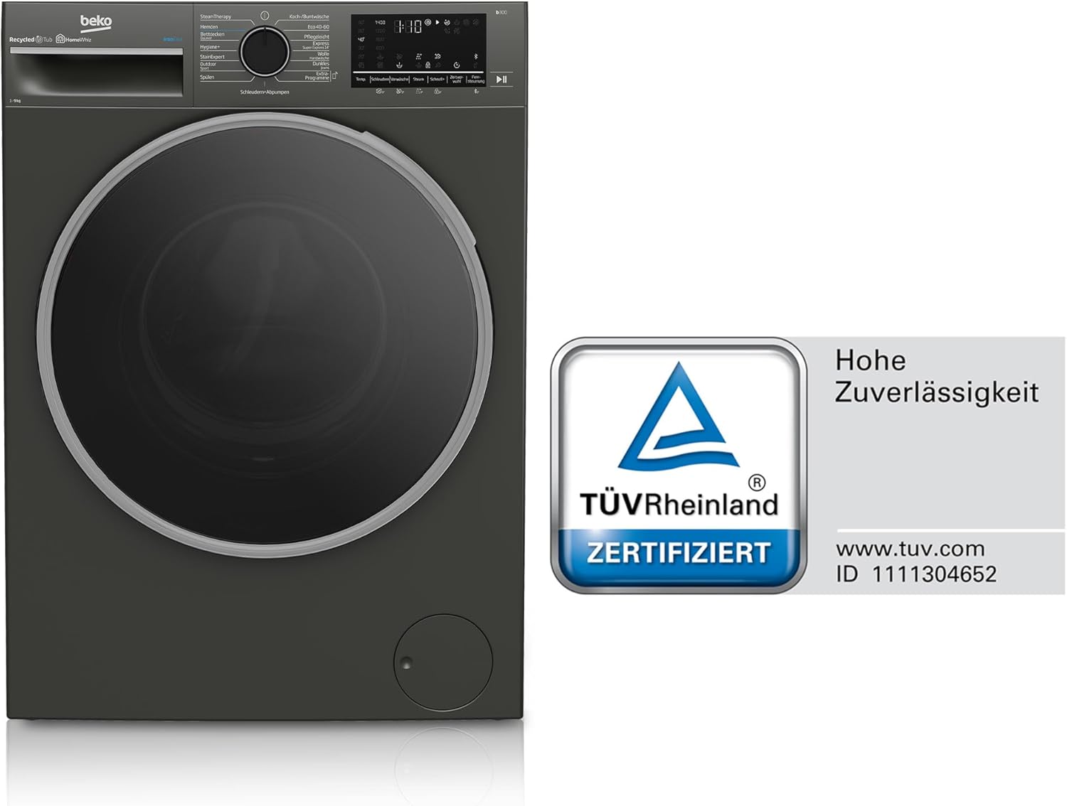 Beko B3WFT59415M Waschvollautomat, Waschmaschine, 9kg, 1400 U/min, SteamCure Dampffunktion, allergikergeeignet, AddXtra-Nachlegefunktion, Ironfast, AquaWave-Schontrommel, Bluetooth-Steuerung, Grau