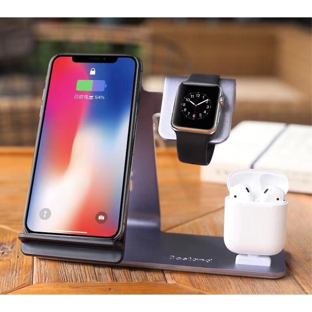 3in1 Qi Wireless Fast Charger Ladegerät (10W / 7.5W) für iPhone / Apple Watch / Airpods mit Multifunktions Halterung - Grau
