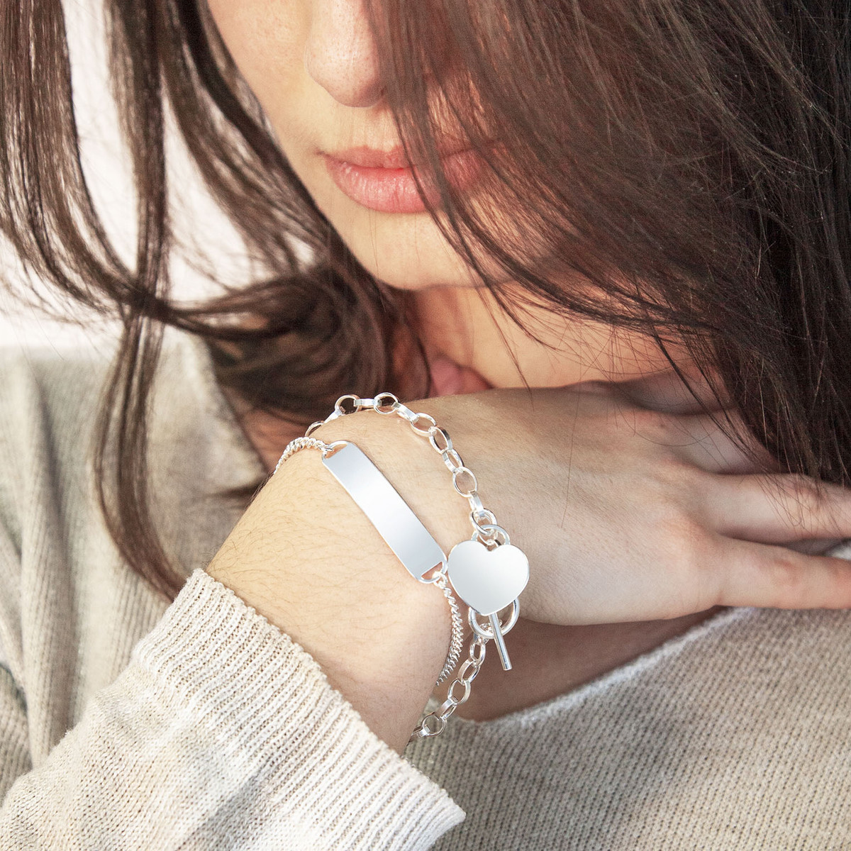 Bracelet argent 925 maille fantaisie pampille coeur 21 cm