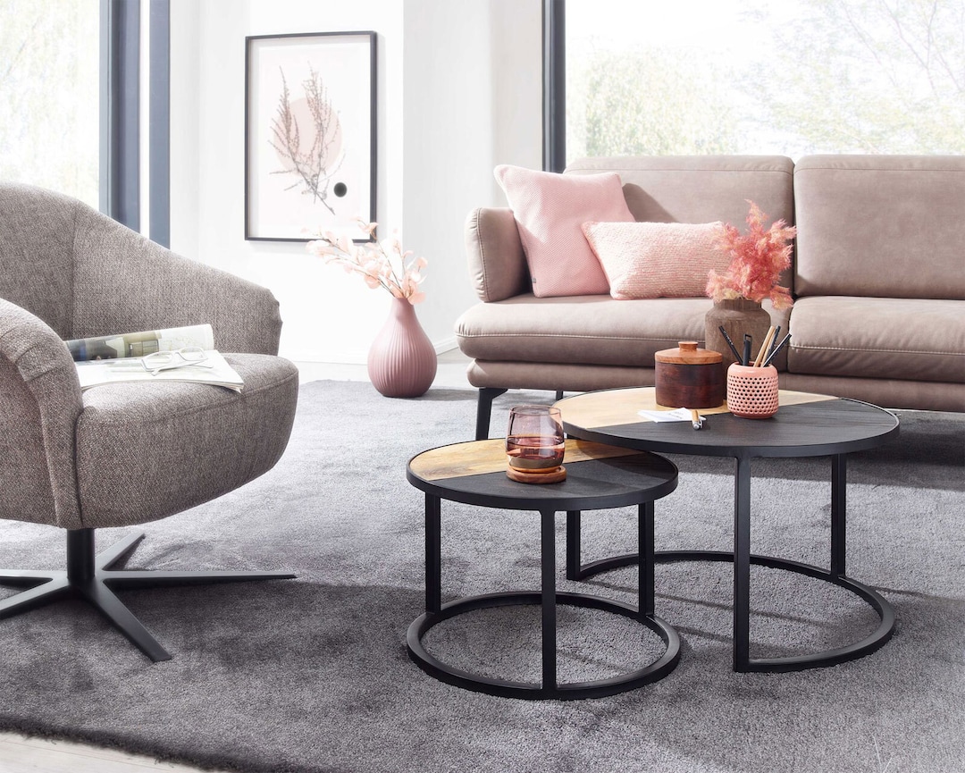 Couchtisch rund 2er Set Schwarz/ Gesteinsoptik