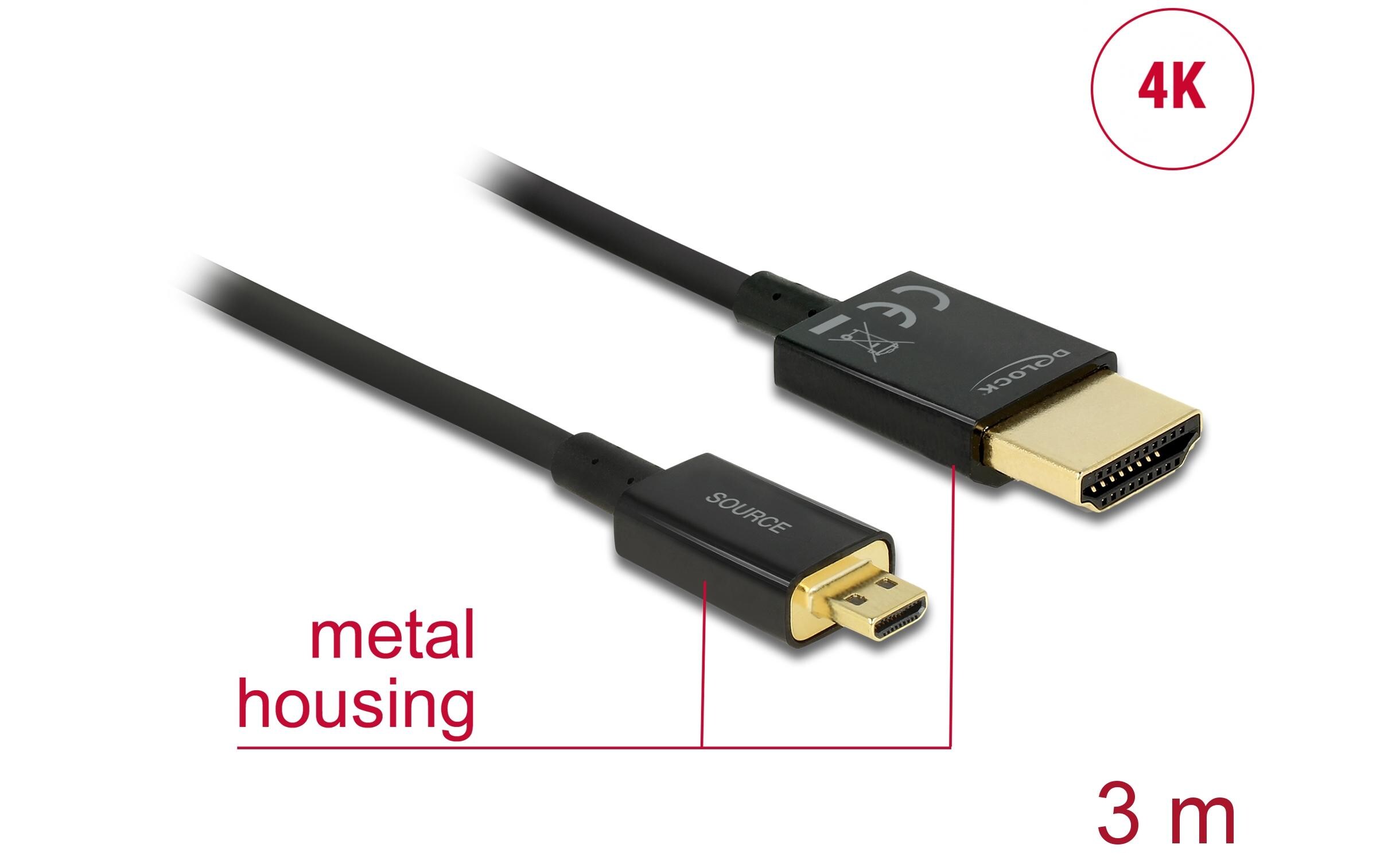Kabel 4K 60Hz HDMI - Micro-HDMI (HDMI-D), 3 m, SchwarzDelock Kabel High Speed HDMI mit Ethernet – HDMI-A Stecker > HDMI Micro-D Stecker 3D 4K 3 m Slim High Quality