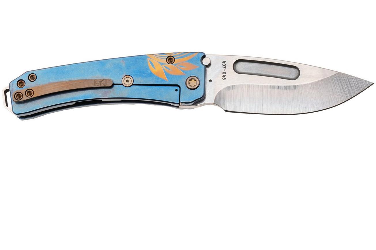 Medford Midi Marauder 25-MM-02, Tumbled S45VN Droppoint Blade, Blue Bronze Grooves Scallops, Laurel Leaf Filigree Handle, Bronze Hardware zakmes