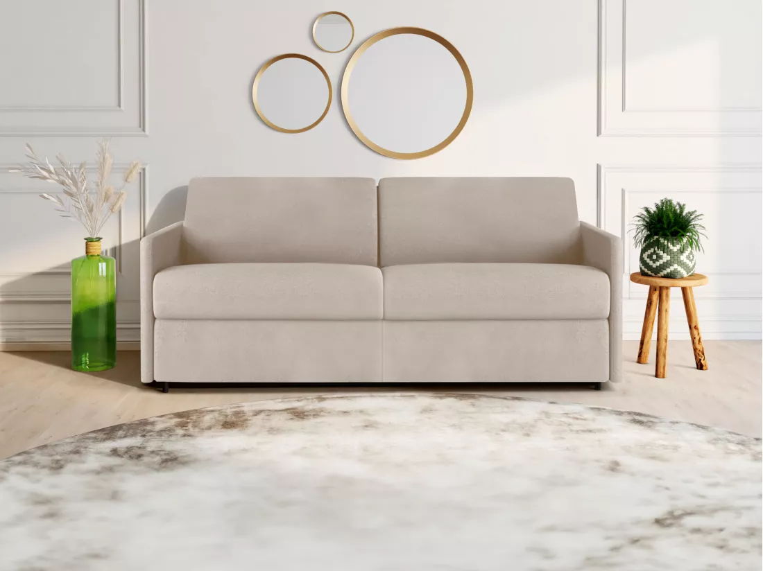 Canapé 4 places convertible express en tissu beige - Couchage 160 cm - Matelas 14 cm CALIFE