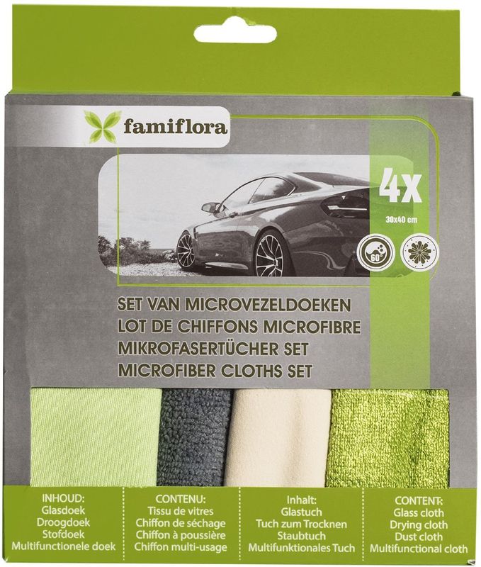 Famiflora - Set van 4 Microvezeldoeken - Auto Reinigingsset - 30 x 40 cm