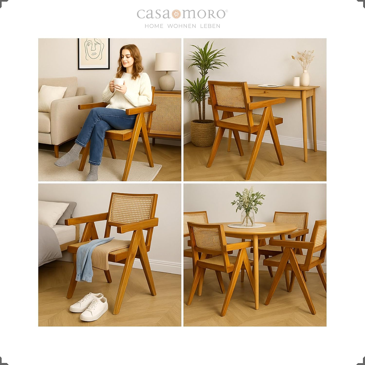 Casa Moro Esszimmerstuhl mit Armlehne, Stuhl Teakholz Rattan Braun Beige