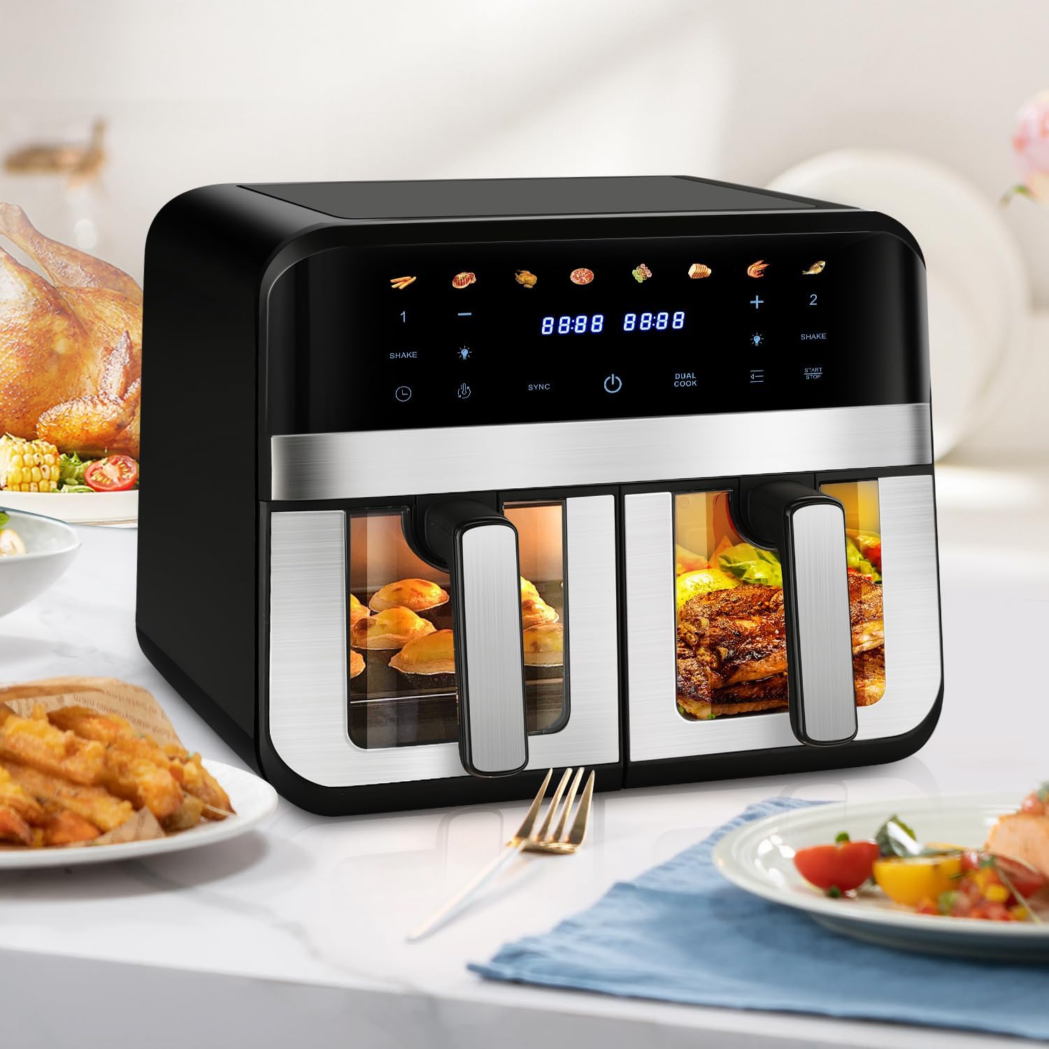 Dual Zone Heißluftfritteuse, XXL 9L Rapid AirFryer, 2 Fächer, 8 Programme, 80°C- 200°C, 2400W, Heißluftfritteusen ohne Öl, Grillen, Backen, Braten, Spülmaschinenfest, Antihaftbeschichtung