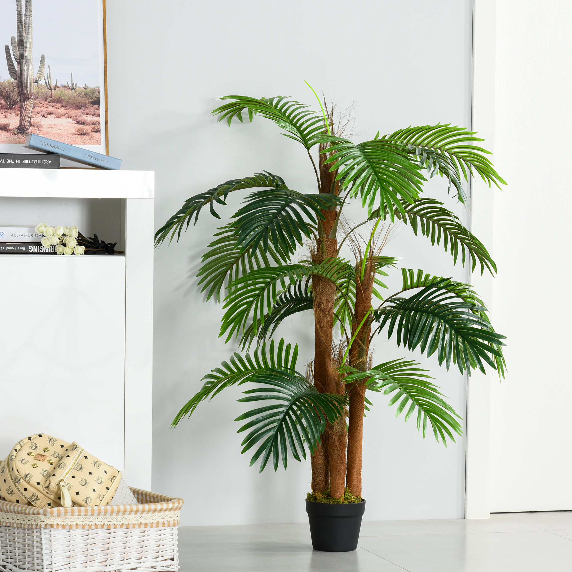 Palmeira artificial Outsunny, 120 cm de altura, árvore artificial com 3 troncos e 19 folhas para decoração de casa, escritório e exterior, Ø16x120 cm, verde