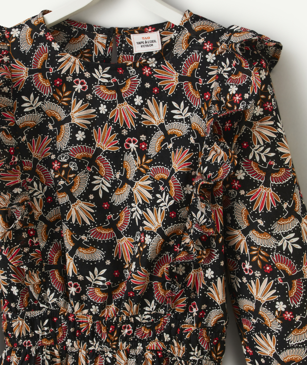 ROBE FILLE EN COTON NOIR ET IMPRIMÉ FLORAL AVEC VOLANTS