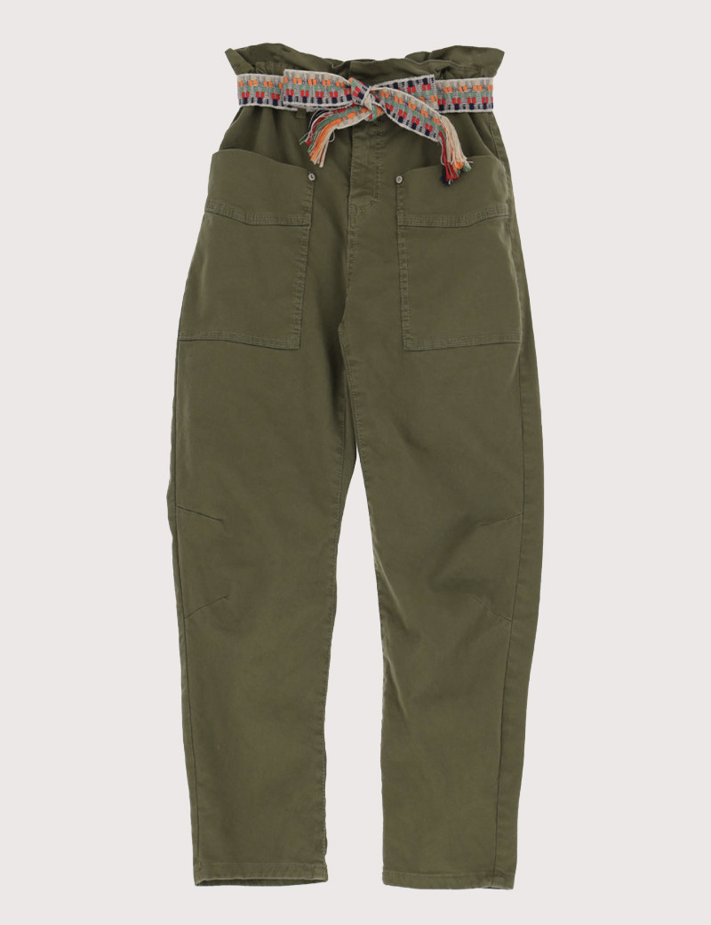PLEASE PANTALON EN TOILE COUPE CARROT CEINTURE KAKI