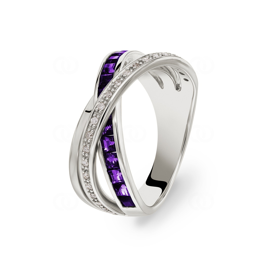 Damenring 750/18 K Weissgold mit Amethyst und Diamanten 0.10 ct H/si Ø 56