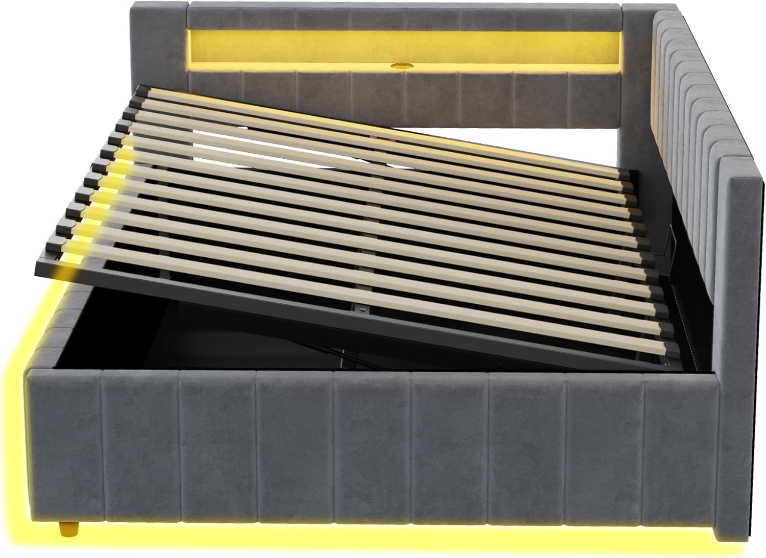 Polsterbett Schlafsofa 140x200, Doppelbett mit Hydraulischem Stauraum, mit LED-Licht und USB-Ladefunktion, Tagesbett Jugendbett mit Lattenrost, Samtstoff, ohne Matratze, Grau BN1838502