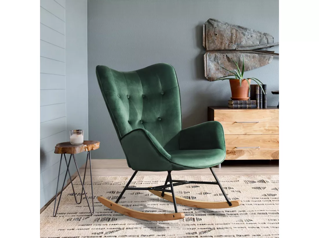 MEUBLES COSY Fauteuil à Bascule Allaitement Rocking Chair Scandinave Chaise Loisir Revêtement en Velours avec Pieds en Bois Massif pour Salon, Chambre, Le Balcon, Vert