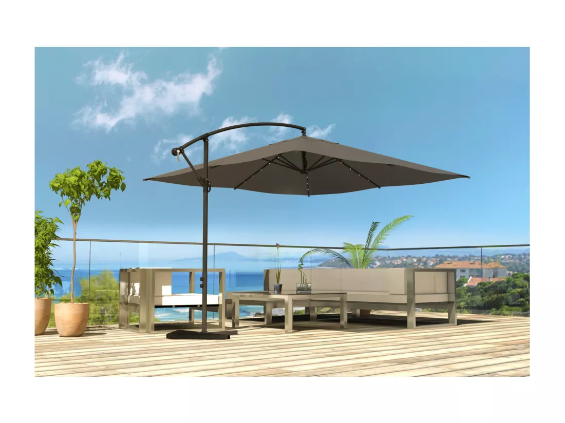 Parasol LED déporté carré 3x3m gris SOLENZARA BULLE