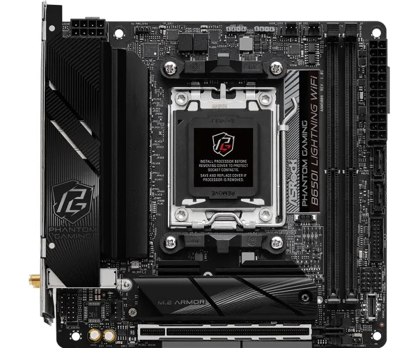 ASRock Phantom Gaming B650I Lightning WiFi - Bundkort - mini ITX - Socket AM5 - AMD B650 Chipset - USB-C 3.2 Gen2, USB-C 3.2 Gen 1, USB 3.2 Gen 2, USB 3.2 Gen 1 - 2.5 Gigabit LAN, Wi-Fi 6E, Bluetooth - onboard grafik (CPU påkrævet) - HD Audio (8-kana