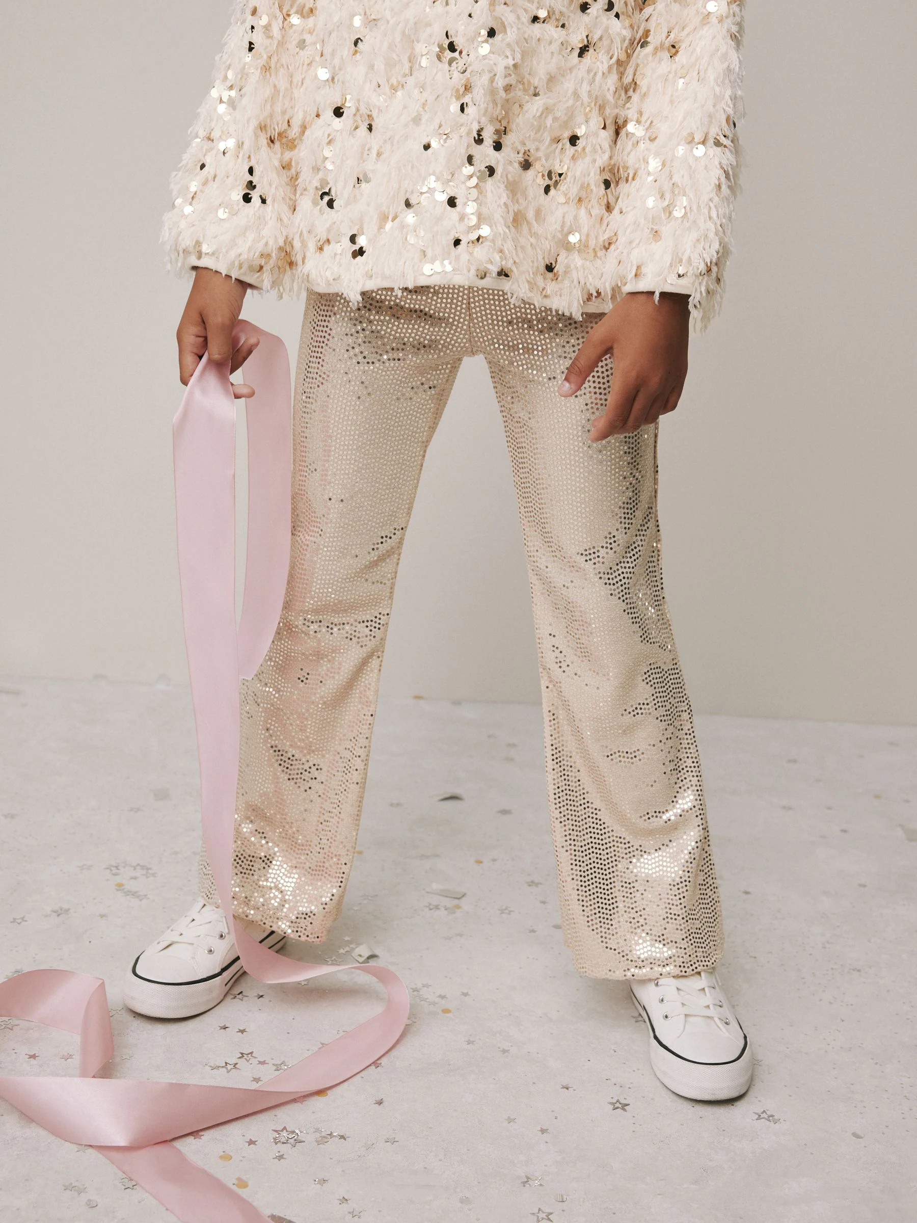 Crème/Goud wollige Pailletten - Party-set met top en flared legging (3-16jaar)