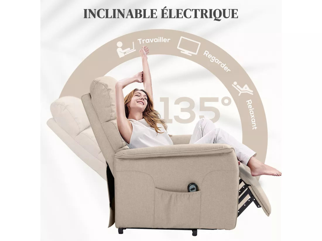 Fauteuil releveur inclinable massant chauffant - 2 télécommandes, roulettes, pochette - tissu beige chiné