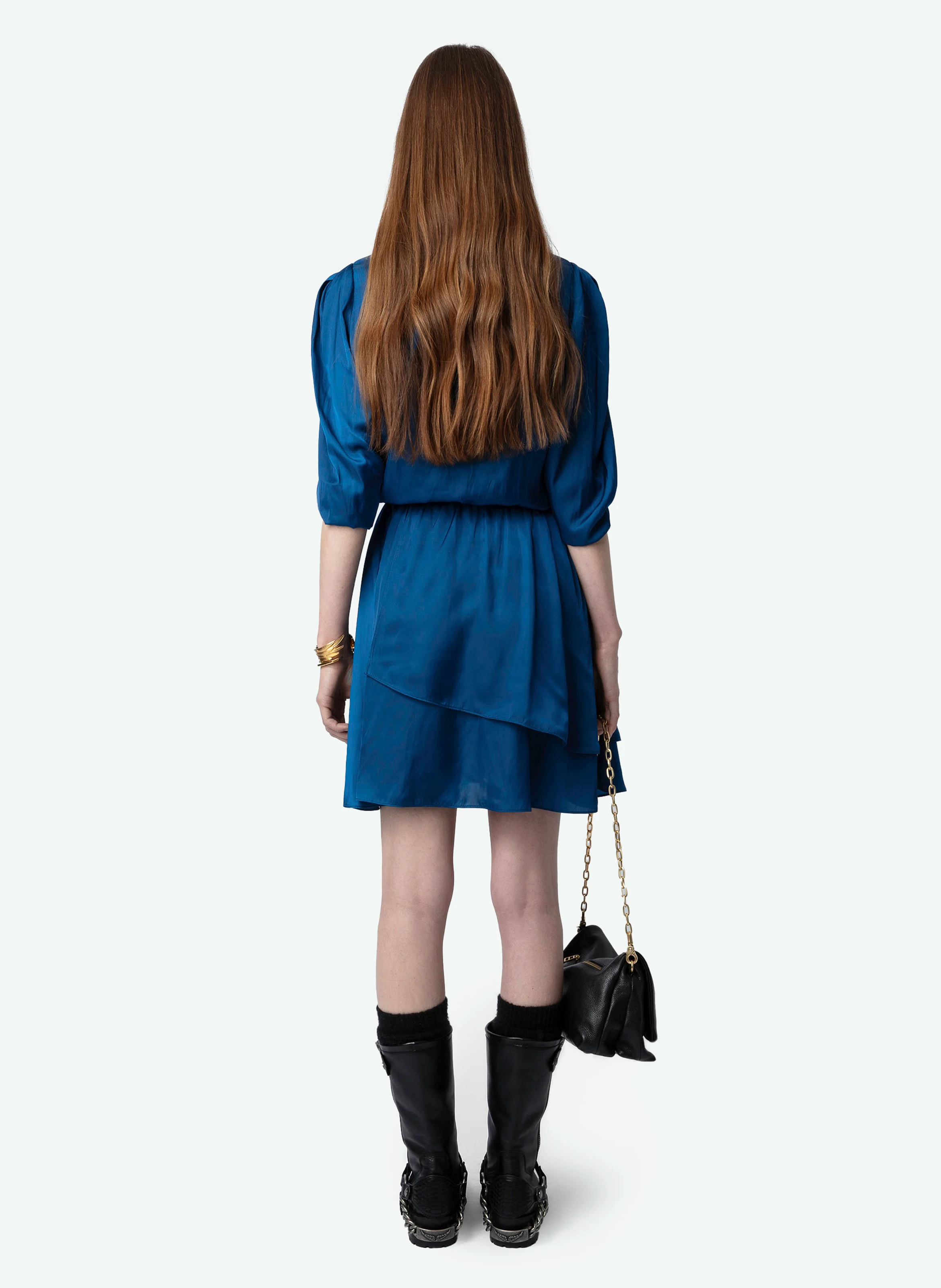 ROGERS - Robe courte droite col V en fibres recyclées mélangées | Bleu