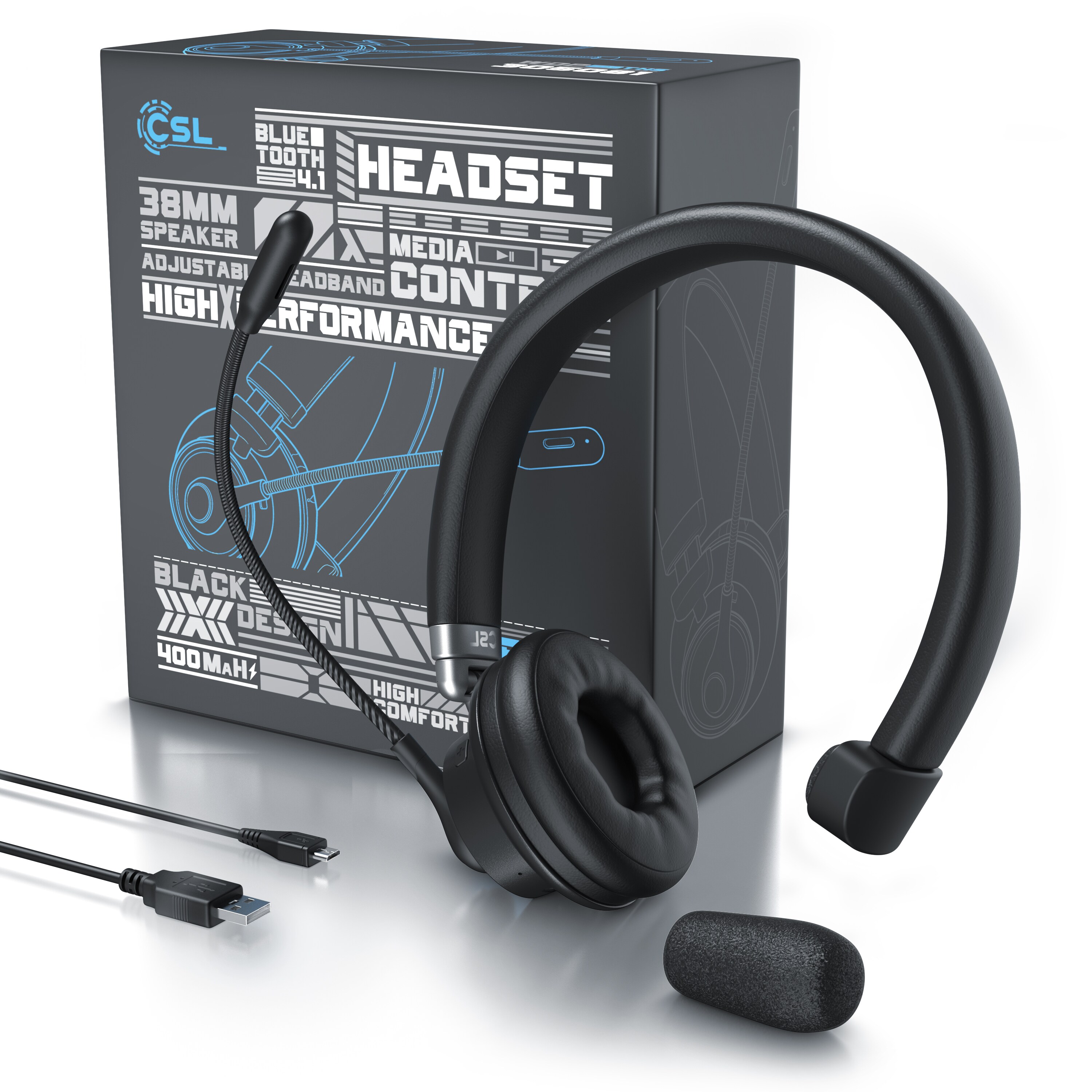 CSL Bluetooth 4.1 Headset 38mm - Kopfhörer mit flexiblem Mikrofon - Multipoint - kabellos - leicht - freisprechen - für Auto und LKW Computer VoIP