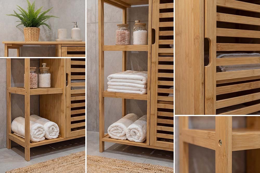 Massivholz Regal ZEN-BO 90cm natur Bambus mit Lamellentür