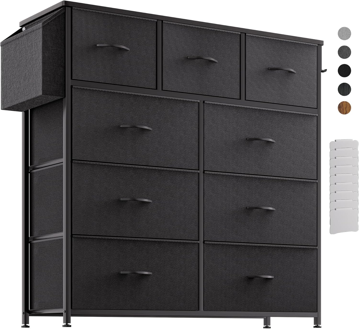Kommode mit Stoffschubladen - Stoffkommode aus Canvas mit 9 großen Schubladen, Etikettenkarten, Seitentasche & Haken für Wohnzimmer, Flur,