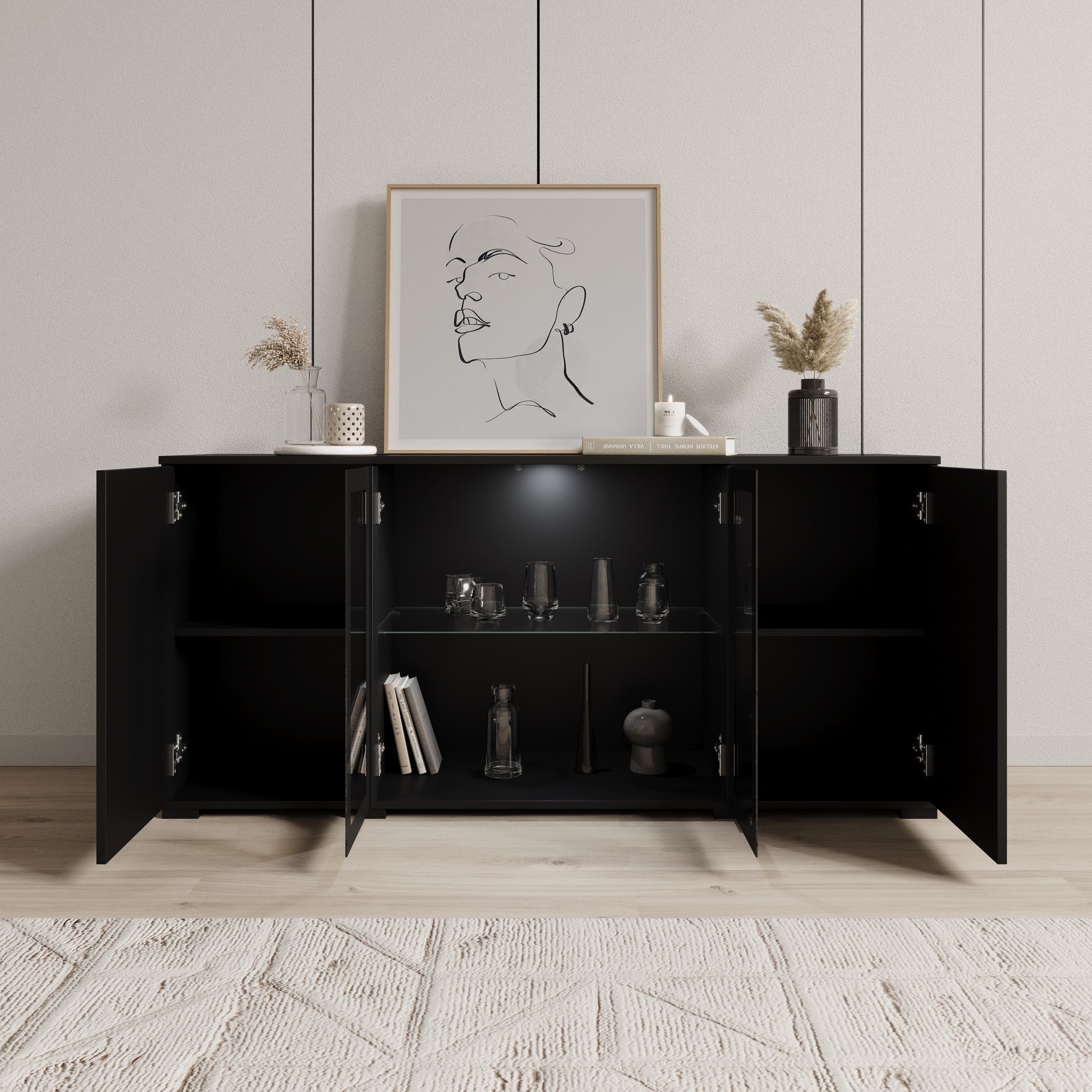 Meubella - Cres 2 - Dressoir - Zwart - 150x40x70 cm