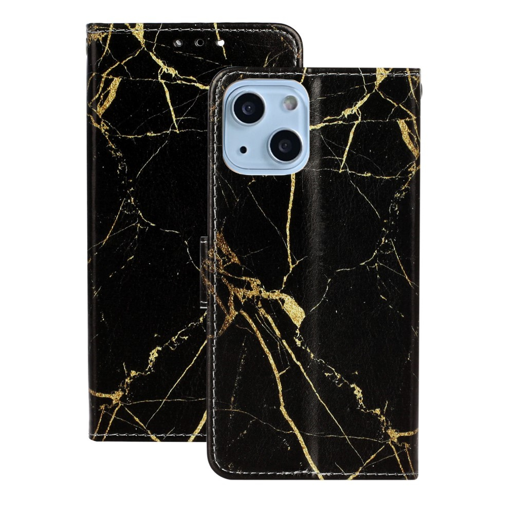 iPhone 13 Leder Tasche Flip Cover Marmor Marble - Schwarz / Gold